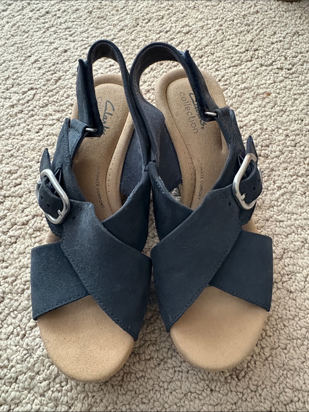 Clarks Navy Crisscross Slingback Sandals with Buckle